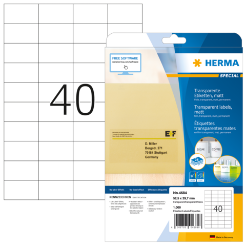HERMA Etiketten transp. mat A4 52,5x29,7 mm Folie 1000 St.