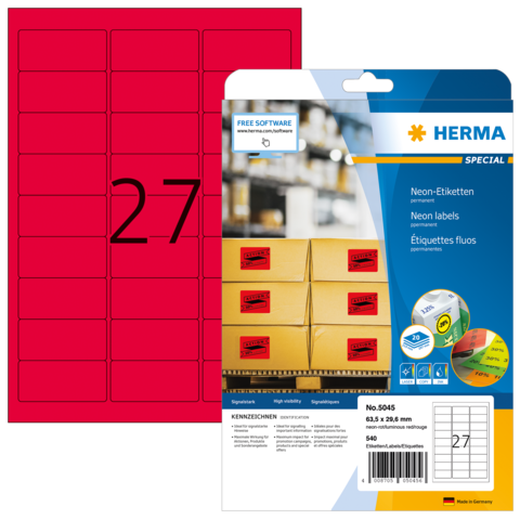 HERMA Etiketten A4 neon-rood 63,5x29,6 mm Papier mat 540 St.
