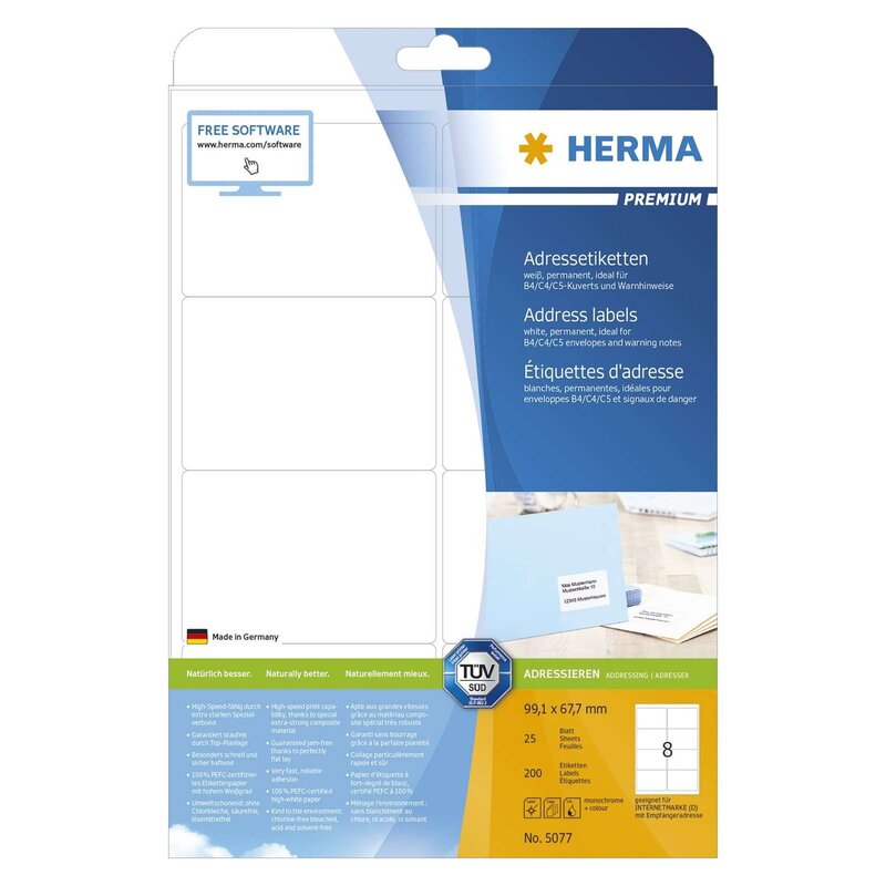 HERMA adres etiketten A4 weiß 99,1x67,7 mm Papier 200 St.