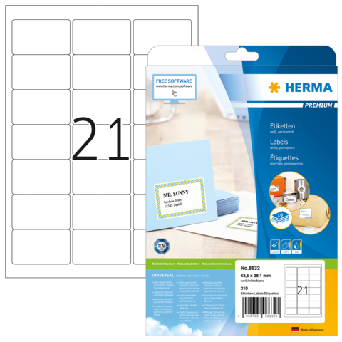 HERMA adres etiketten A4 weiß 63,5x38,1 mm Papier 210 St.