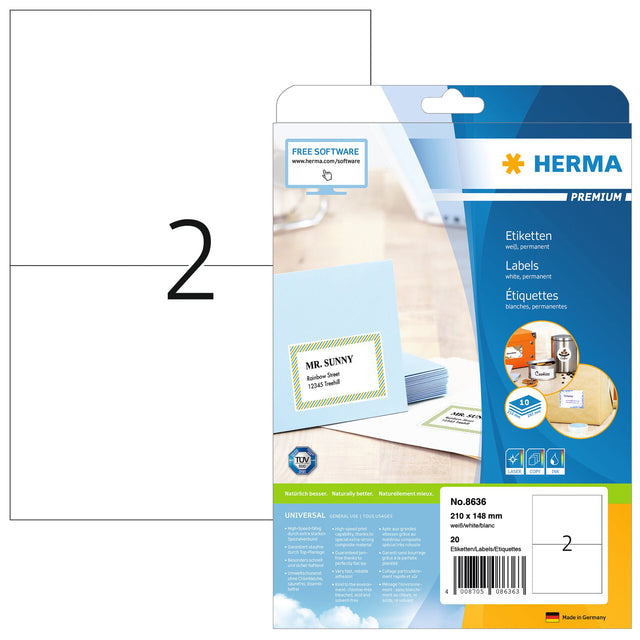 HERMA Etiketten Premium A4 weiß 210x148 mm Papier 20 St.
