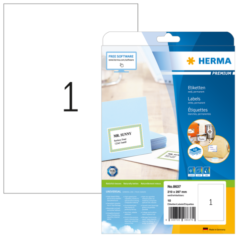 HERMA Etiketten Premium A4 weiß 210x297 mm Papier 10 St.