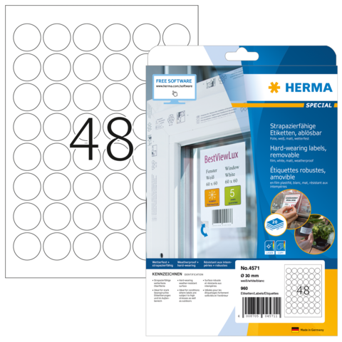 HERMA Folien-Etiketten A4 30mm weiß ablösbar 960St.