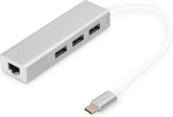 3-poorts USB 3.0 type C hub met Gigabit Ethernet 3xUSB A/F, 1xUSB A/M, 1xRJ45 LAN