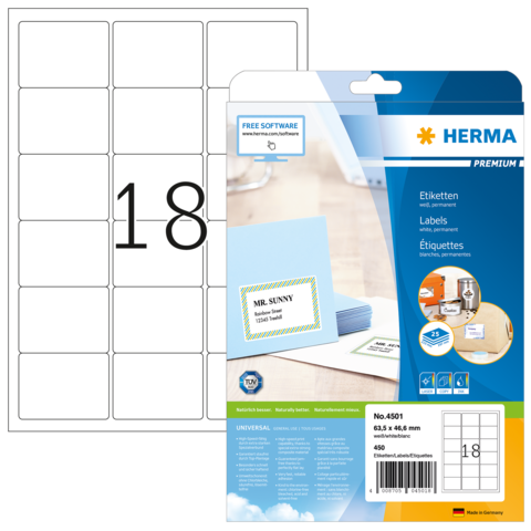 HERMA adres etiketten Premium A4 weiß 63,5 x 46,6 mm 450St.