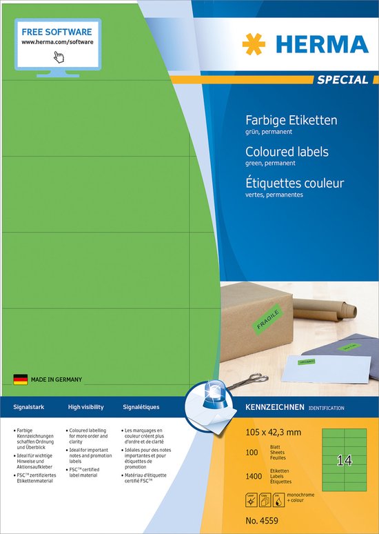 HERMA Etiketten A4 groen 105x42,3mm Papier mat 1400 St.
