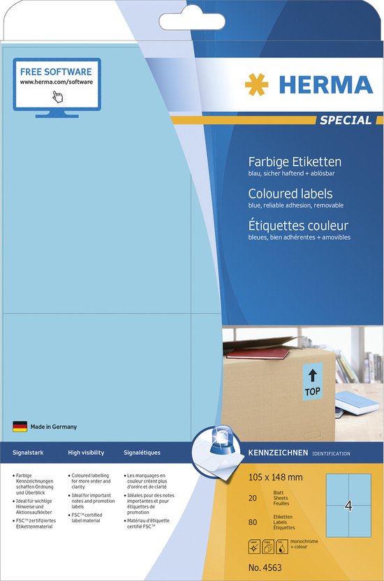HERMA Etiketten A4 blauw 105x148mm Papier mat ablösbar 80St.