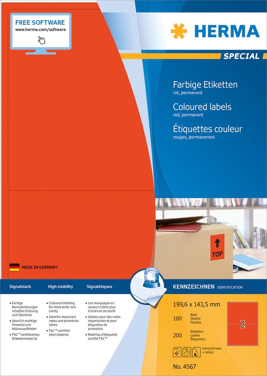 HERMA Etiketten A4 rood 199,6x143,5mm Papier mat 1400 St.