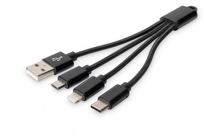 DIGITUS 3-in-1 oplaadkabel USB A Lightning + Micro USB + USB-C