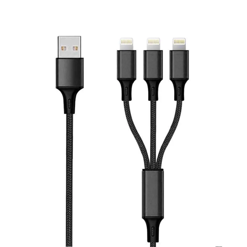 2GO 3in1 USB oplaadkabel 3x Lightning Nylon 1,5m zwart