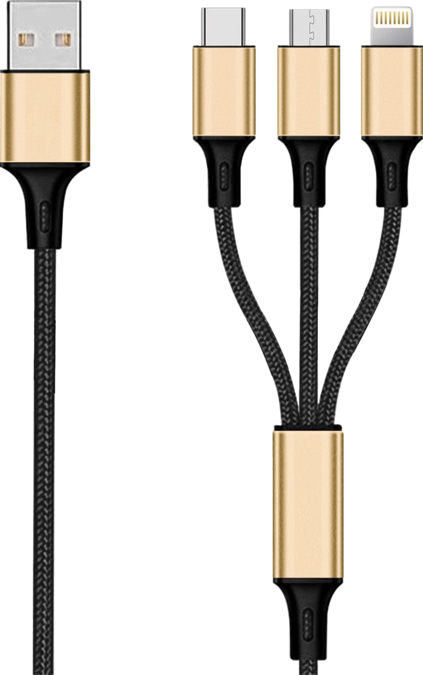 2GO 3in1 USB oplaadkabel Micro-USB,Apple,TypeC Nylon 1,5m goud