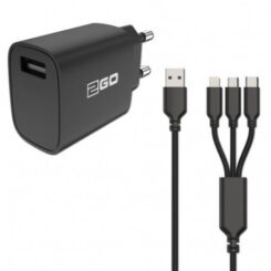 2GO Lader 15W inkl. Kabel 1xUSB-A 1xMicroUSB 1xLightn zwart