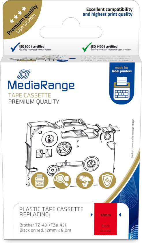 MediaRange Schriftbandka. Brother TZ-431/Tze-431 12mm,8m zwart