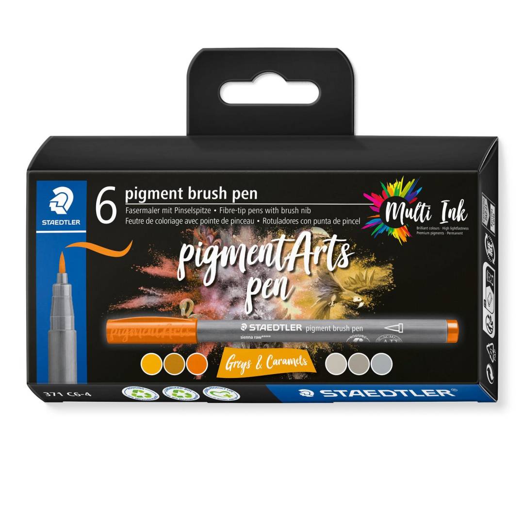 STAEDTLER MultiInk Pigment Arts brush pen 6er-Set grijs&Caram retail