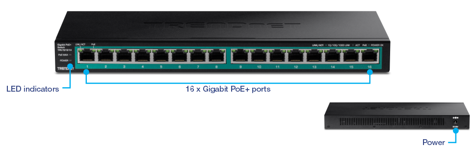TRENDnet 16-Port Gigabit PoE+ Switch(123W)