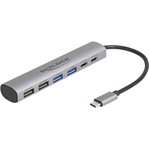 DELOCK 6 Port USB Hub met 4x USB-A en 2x USB-C verloop stekker