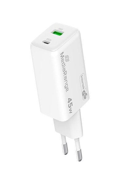 MediaRange Lader 43W 2-Port 1x USB-A/1x USB-C GaN, weiß