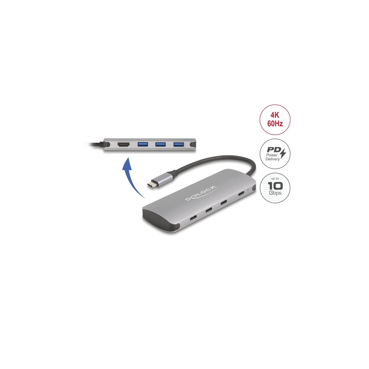 Delock 7Port USB 10Gbps Hub en 4K HDMI uitgang/USB Type-C