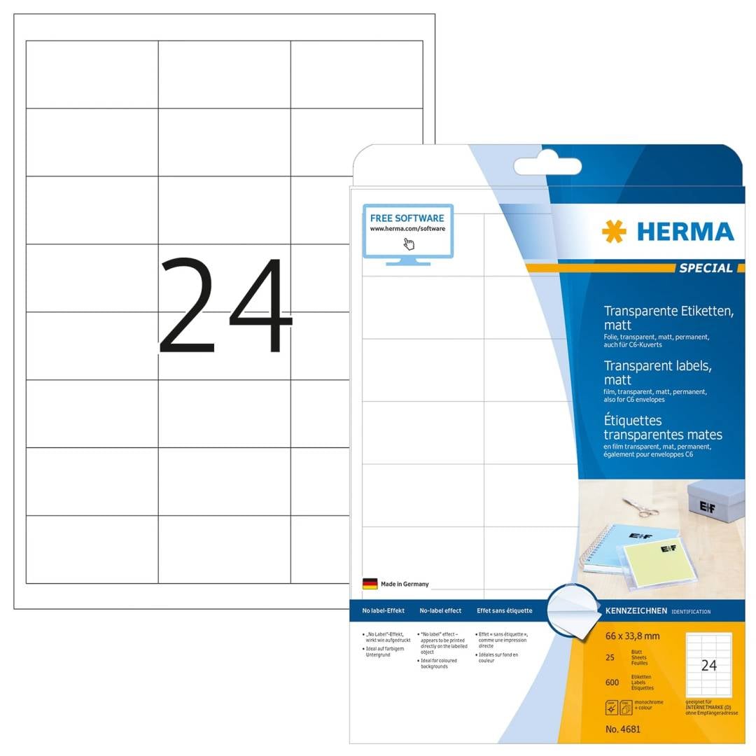 HERMA Etiketten transp. mat A4 66x33,8 mm Folie 600 St.