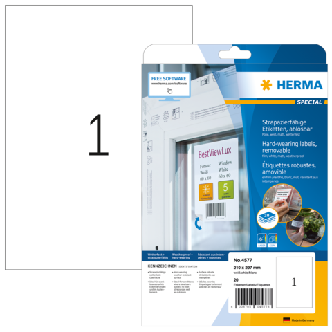 HERMA Folien-Etiketten A4 210x297mm weiß ablösbar 20St.
