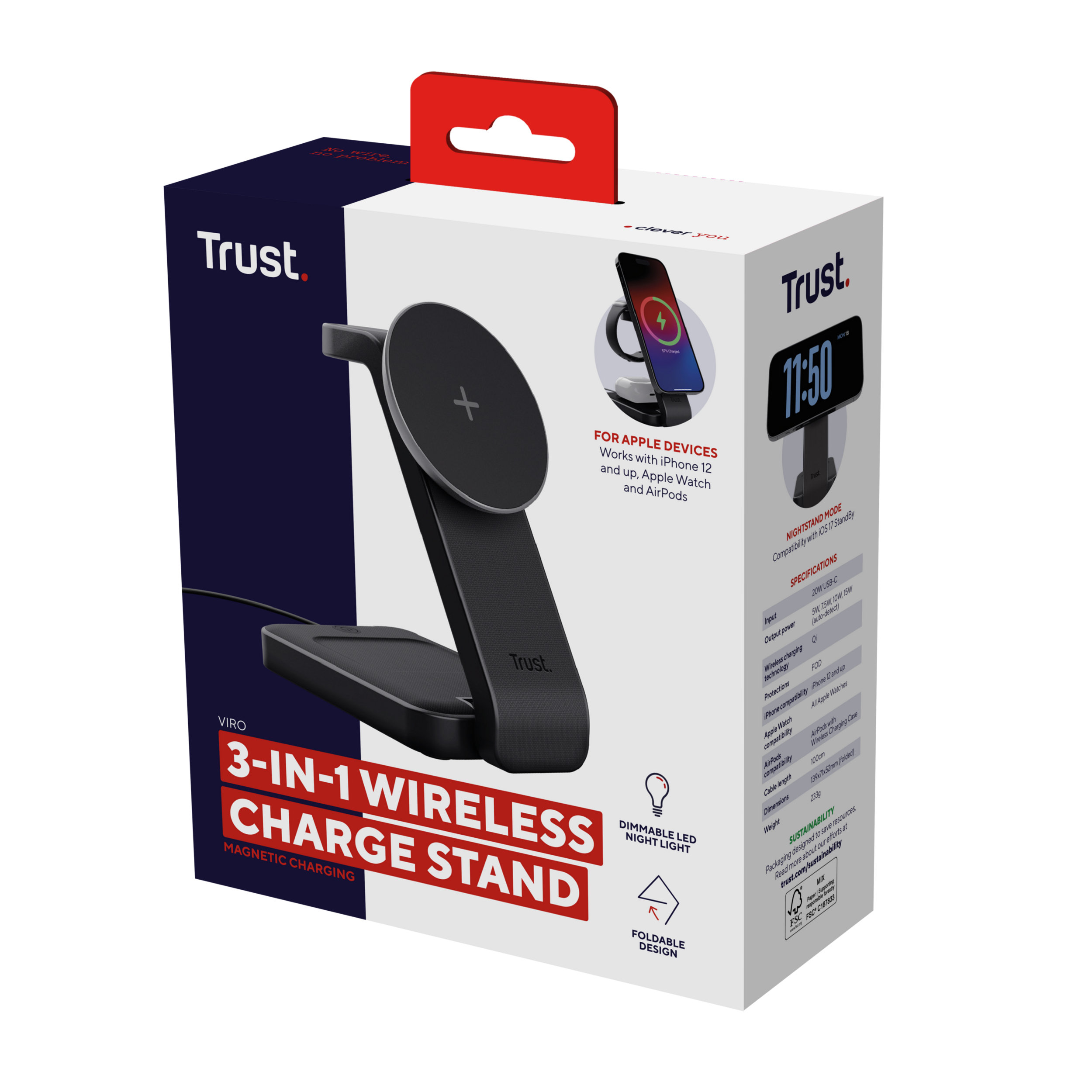 Trust Viro 3-in-1 Draadloze Magnetische Oplaadstandaard – Draadloze oplader standaard – Geschikt voor iPhone Apple Watch en AirPods – Zwart - Afbeelding 11