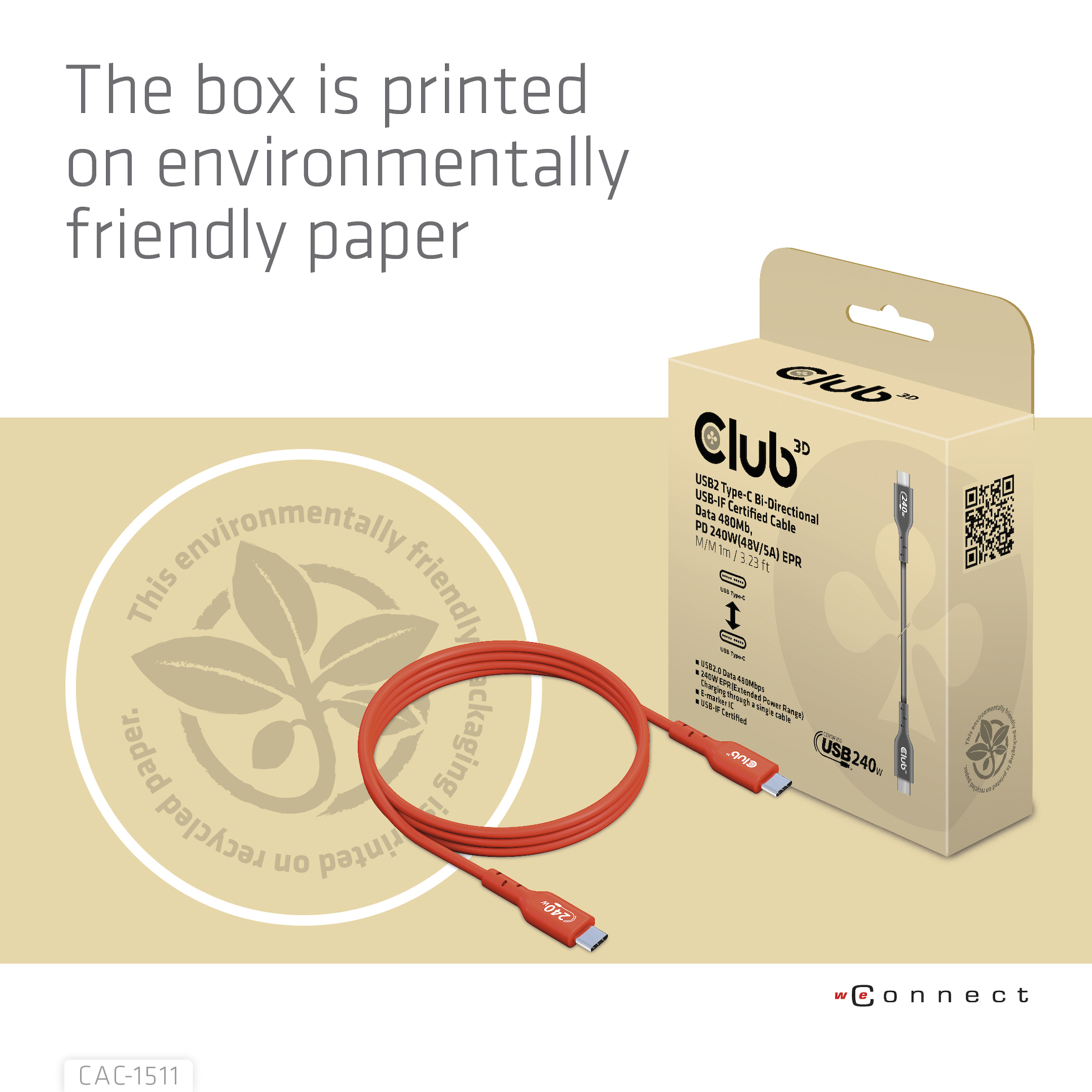 CLUB3D USB2 Type-C Bi-Directional USB-IF Certified Cable Data 480Mb, PD 240W(48V/5A) EPR M/M 4m / 13.13ft - Afbeelding 13