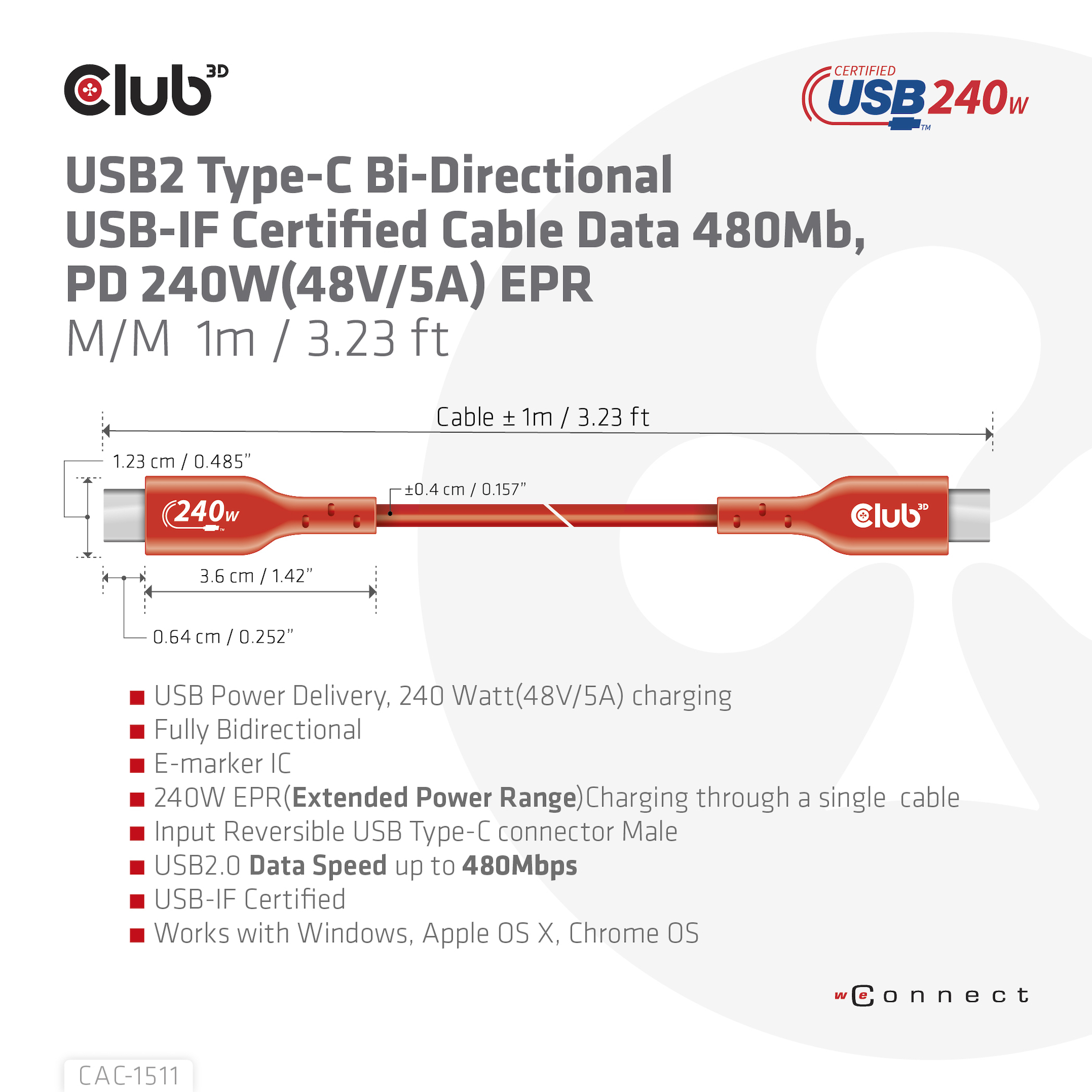CLUB3D USB2 Type-C Bi-Directional USB-IF Certified Cable Data 480Mb, PD 240W(48V/5A) EPR M/M 4m / 13.13ft - Afbeelding 8