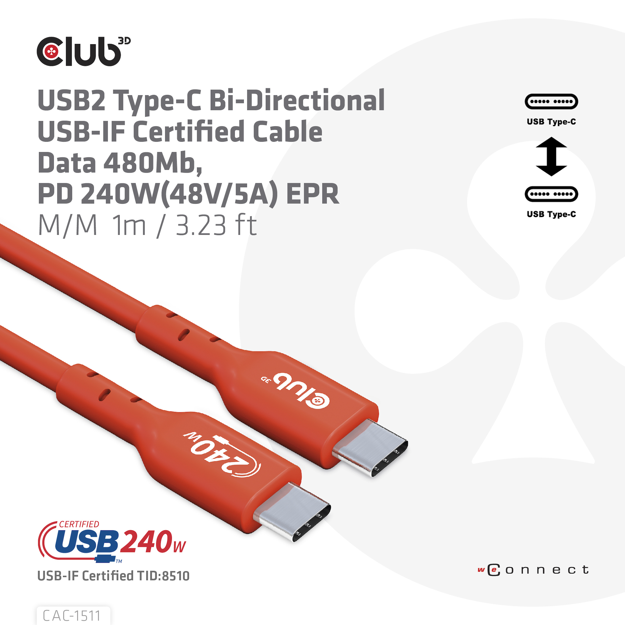 CLUB3D USB2 Type-C Bi-Directional USB-IF Certified Cable Data 480Mb, PD 240W(48V/5A) EPR M/M 4m / 13.13ft - Afbeelding 7