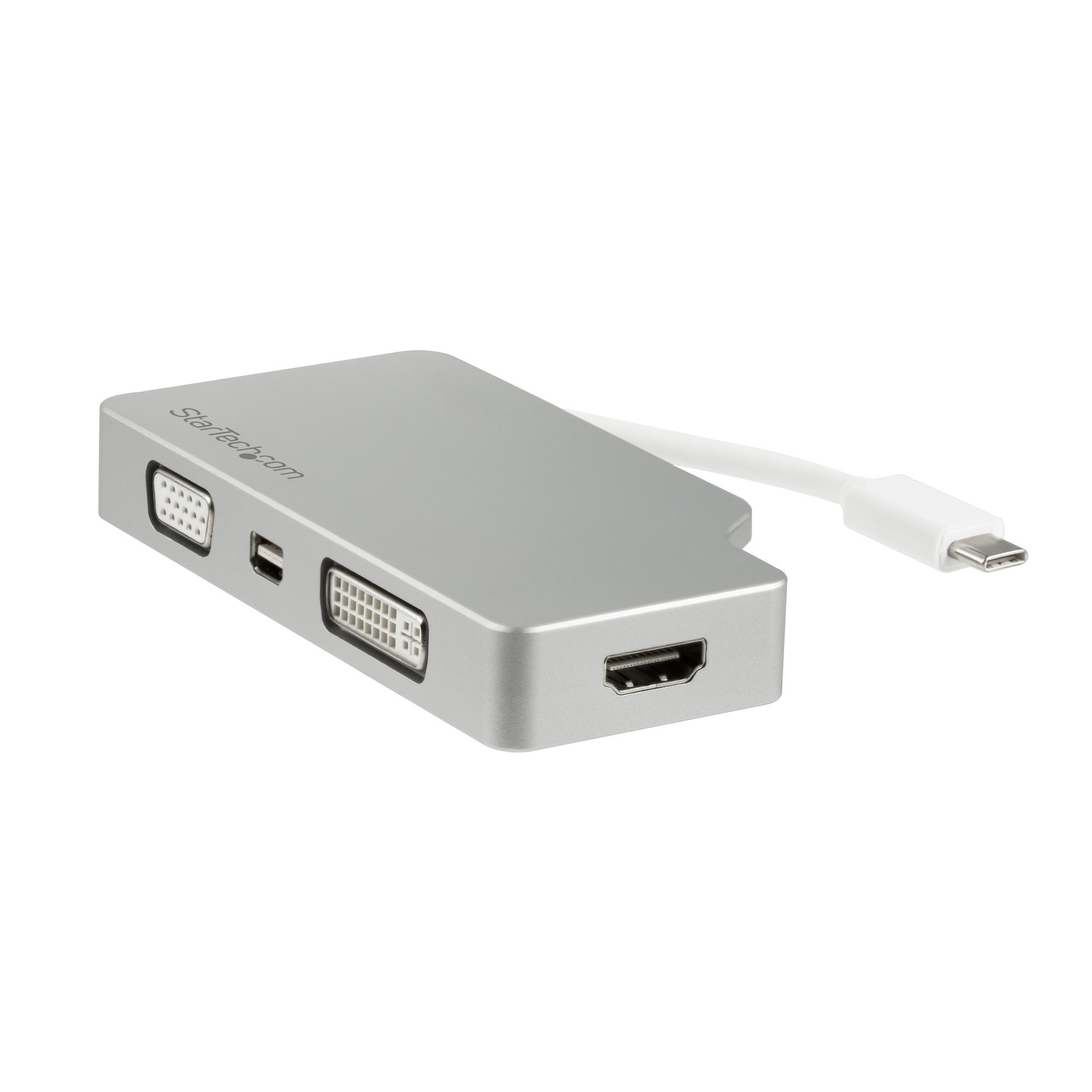 StarTech.com USB C Multiport Video Adapter met HDMI, VGA, Mini DisplayPort of DVI, USB Type C Monitor Adapter naar HDMI 1.4 of mDP 1.2 (4K), VGA of DVI (1080p), Zilver Aluminium