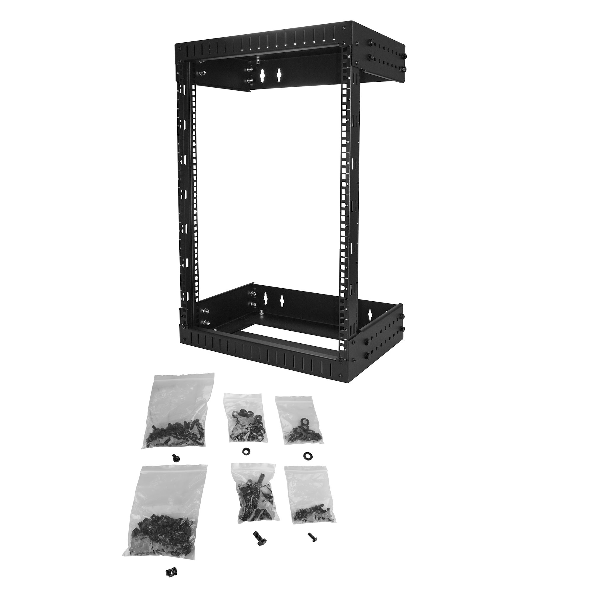 StarTech.com 2 Post 15U Heavy-Duty Wandmonteerbare Server Rack, 19" Open Frame Netwerk Rack met Verstelbare Diepte, Data Rack voor IT/AV/Patchpaneel/Computer Apparatuur, Incl Kooimoeren en Schroeven - Afbeelding 6