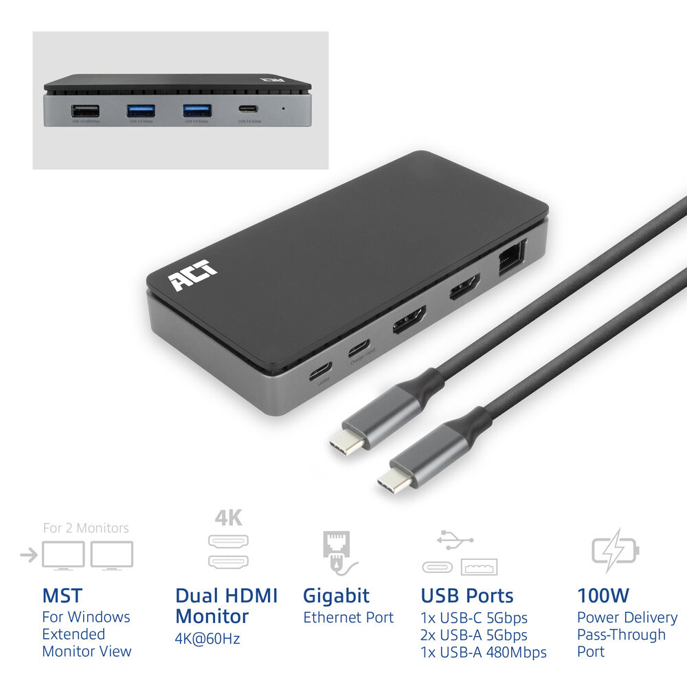 ACT USB-C 4K MST dockingstation voor 2 HDMI-monitoren, Ethernet, USB-C, 3x USB-A, PD passthrough en 1 meter lange afneembare USB-C-kabel - Afbeelding 4