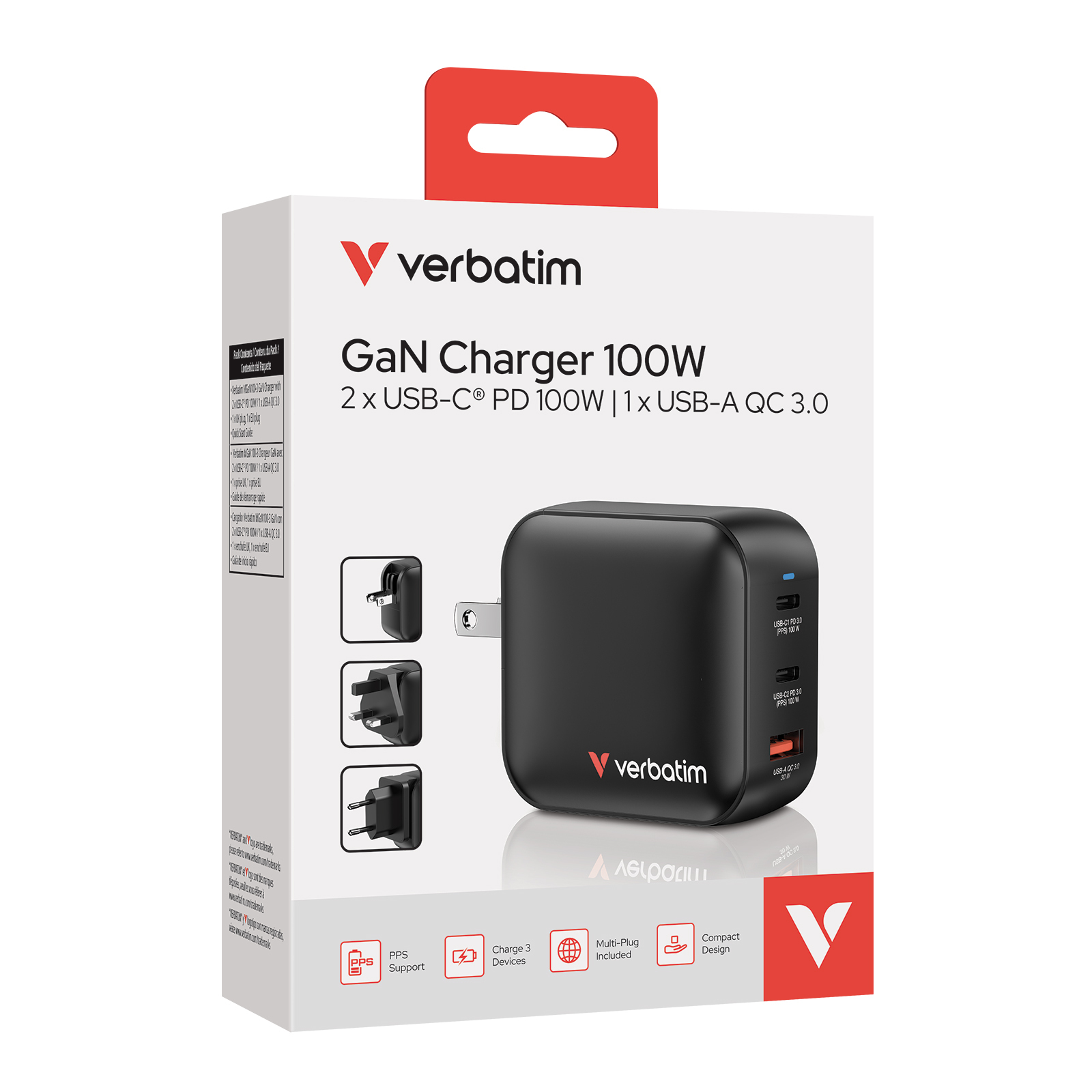Verbatim GaN Charger 100W Universeel Zwart AC Snel opladen Binnen - Afbeelding 2