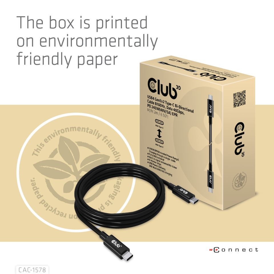 CLUB3D USB4 Gen3x2 Type-C Bi-Directional Cable 8K60Hz, Data 40Gbps, PD 240W(48V/5A) EPR M/M 2m / 6.56ft - Afbeelding 8