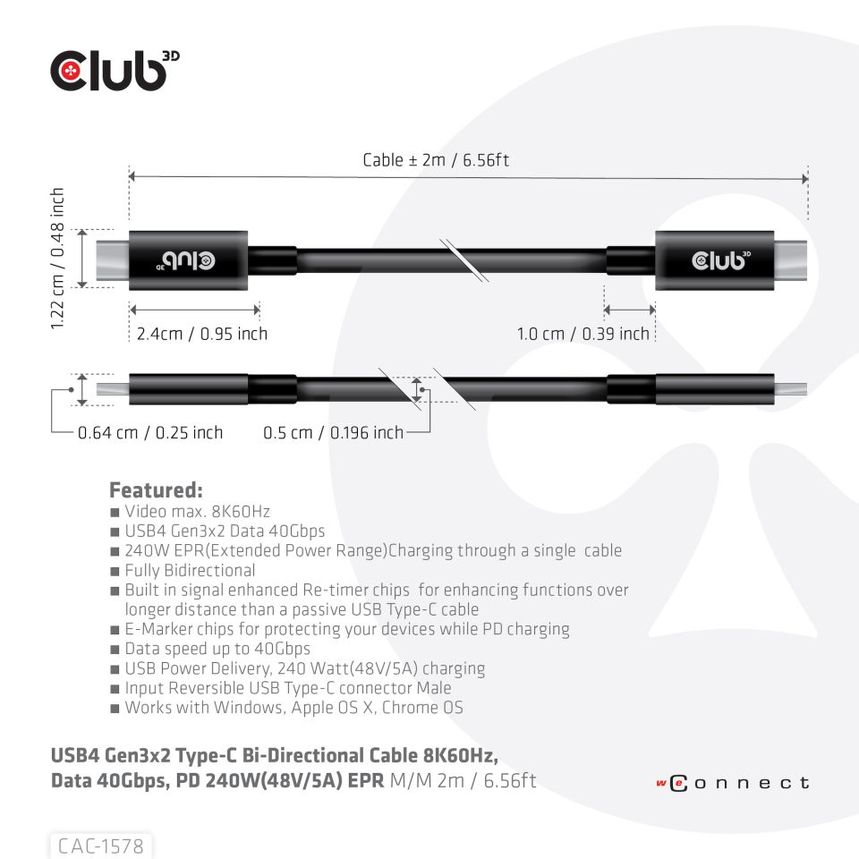 CLUB3D USB4 Gen3x2 Type-C Bi-Directional Cable 8K60Hz, Data 40Gbps, PD 240W(48V/5A) EPR M/M 2m / 6.56ft - Afbeelding 4