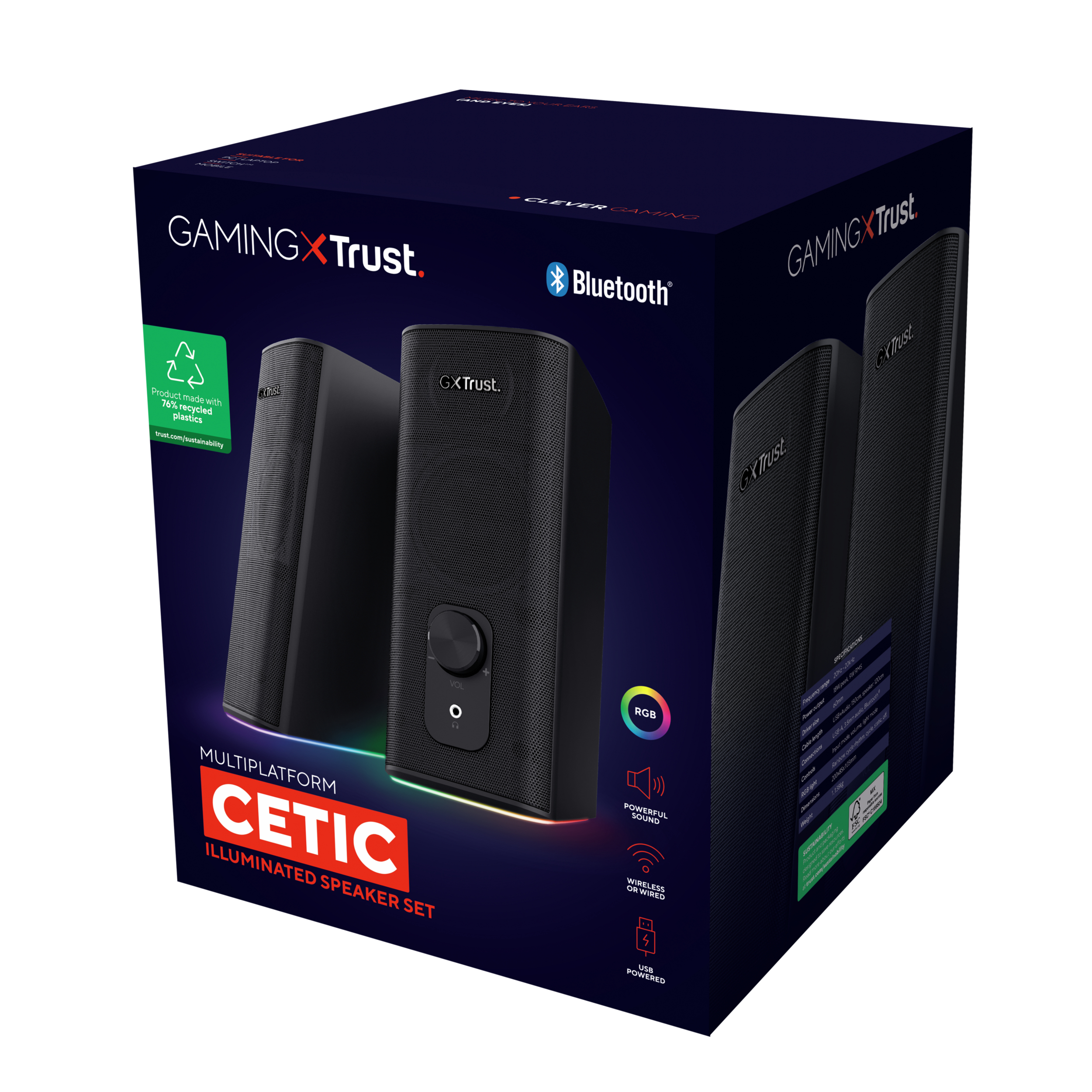 Trust GXT 612 CETIC Bluetooth Speaker – Bluetooth speaker set – Bedraad & draadloos – RGB‑verlichting – USB‑gevoed – Zwart - Afbeelding 7
