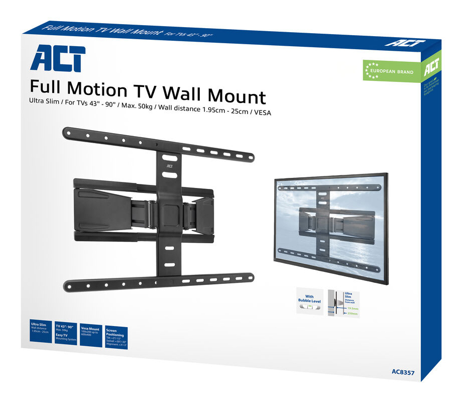 ACT Full motion tv wandsteun, 43" tot 90", ultradun, VESA - Afbeelding 6