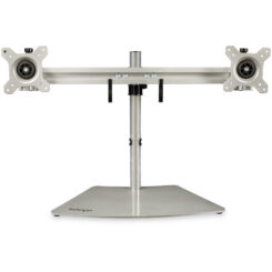 StarTech.com Dual Monitor Stand, Ergonomische Monitorstandaard voor twee VESA Schermen tot 24" (8kg), Gesynchroniseerde Verstelbare Hoogte, Monitorsteun/Bureaustandaard voor Dubbel Scherm, Zilver