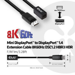 CLUB3D Mini DisplayPort 1.4 to DisplayPort Extension Cable 8K60Hz DSC 1.2 HBR3 HDR Bidirectional F/M 1m - Afbeelding 9