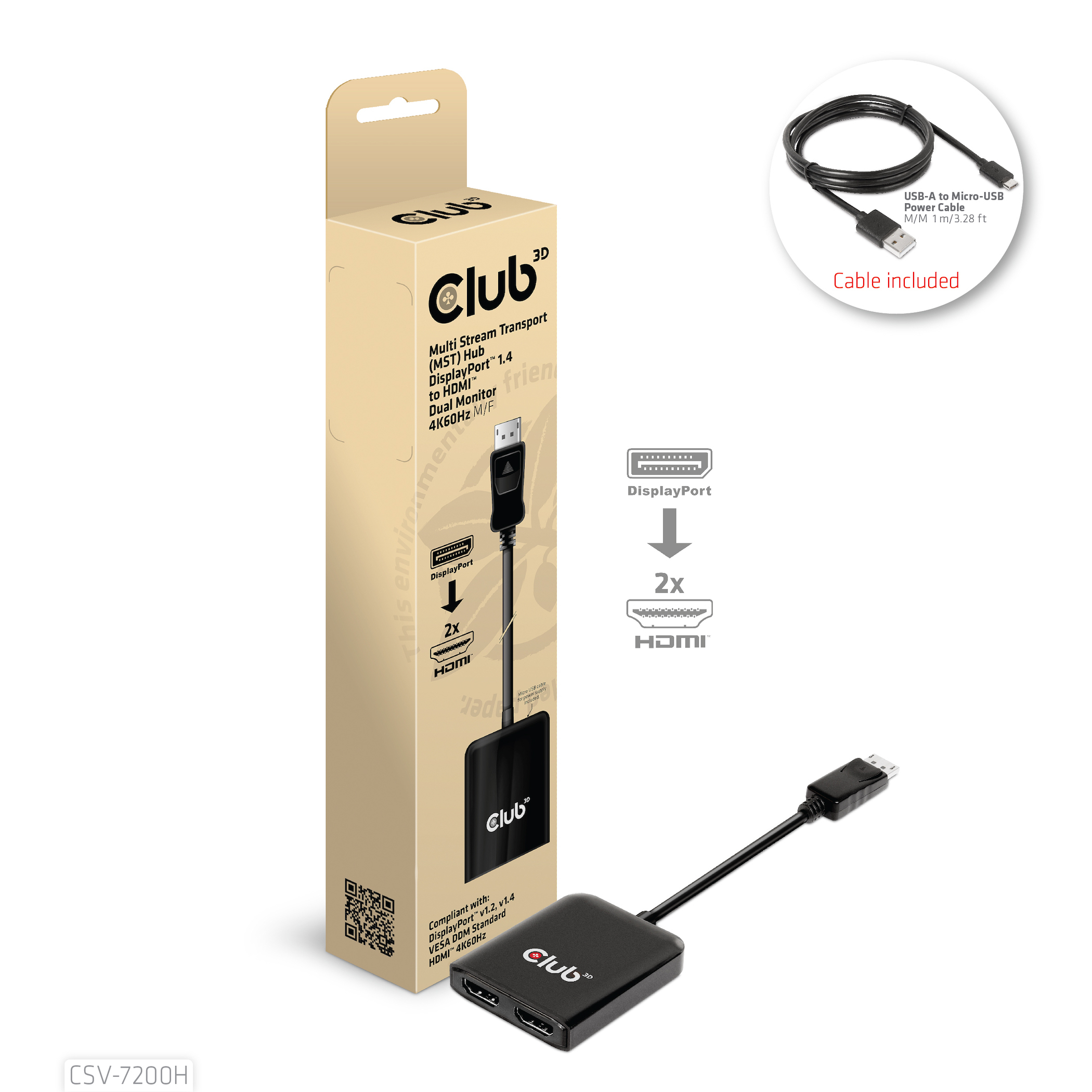 CLUB3D Multi Stream Transport (MST) Hub DisplayPort 1.4 to HDMI Dual Monitor 4K60Hz M/F - Afbeelding 3