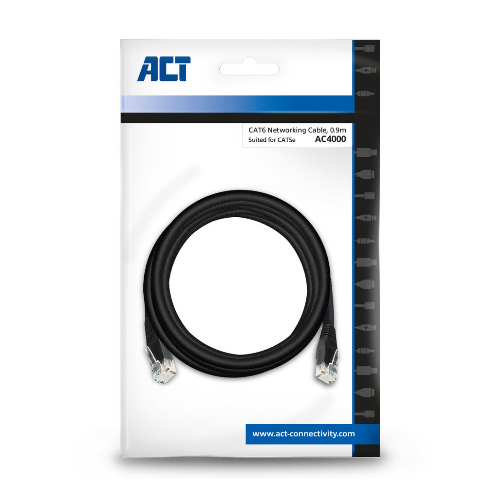 ACT Zwart 0,9 meter U/UTP CAT6 patchkabel met RJ45 connectoren - Afbeelding 3