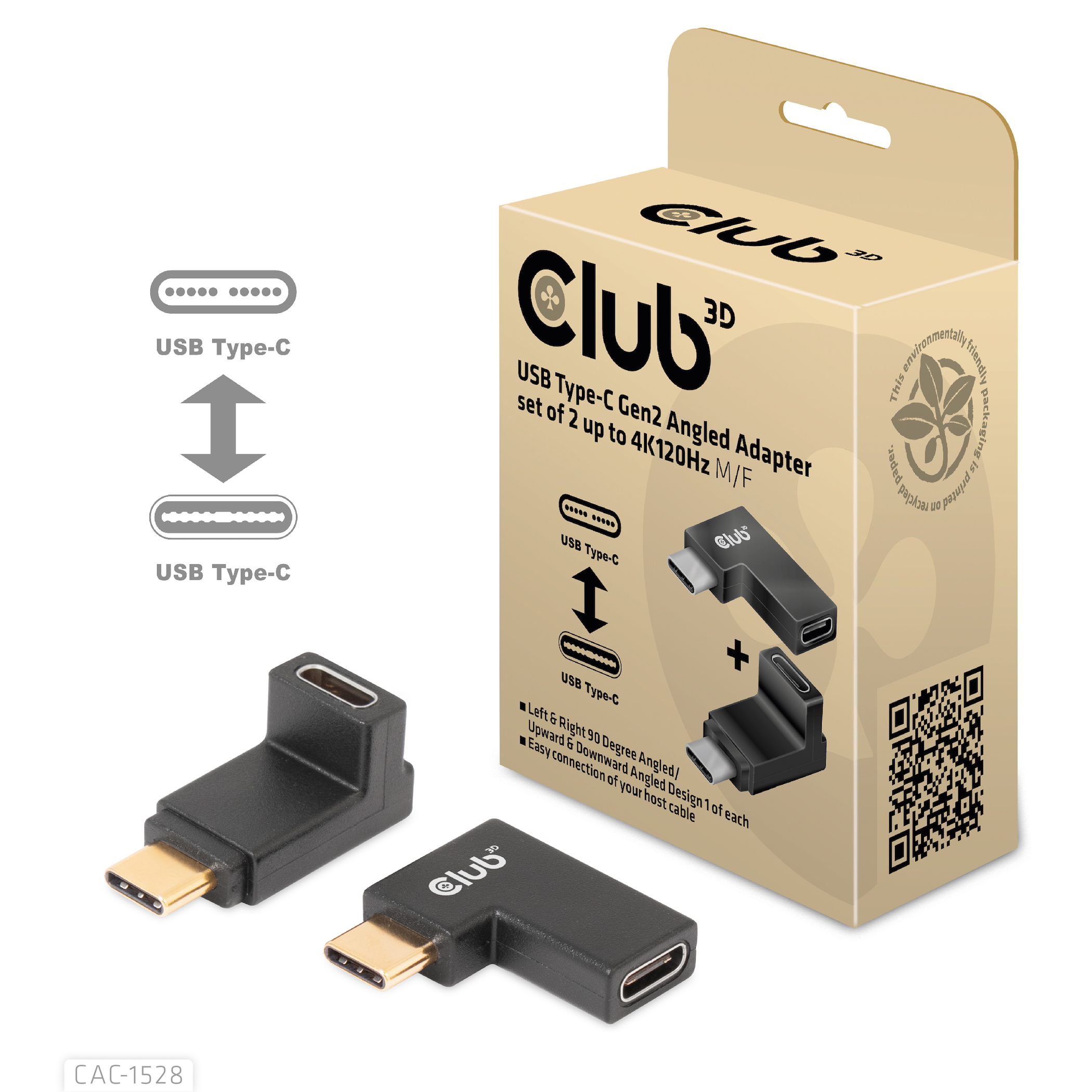 CLUB3D USB Type-C Gen2 Angled Adapter set van 2 - 4K120Hz M/V - Afbeelding 3