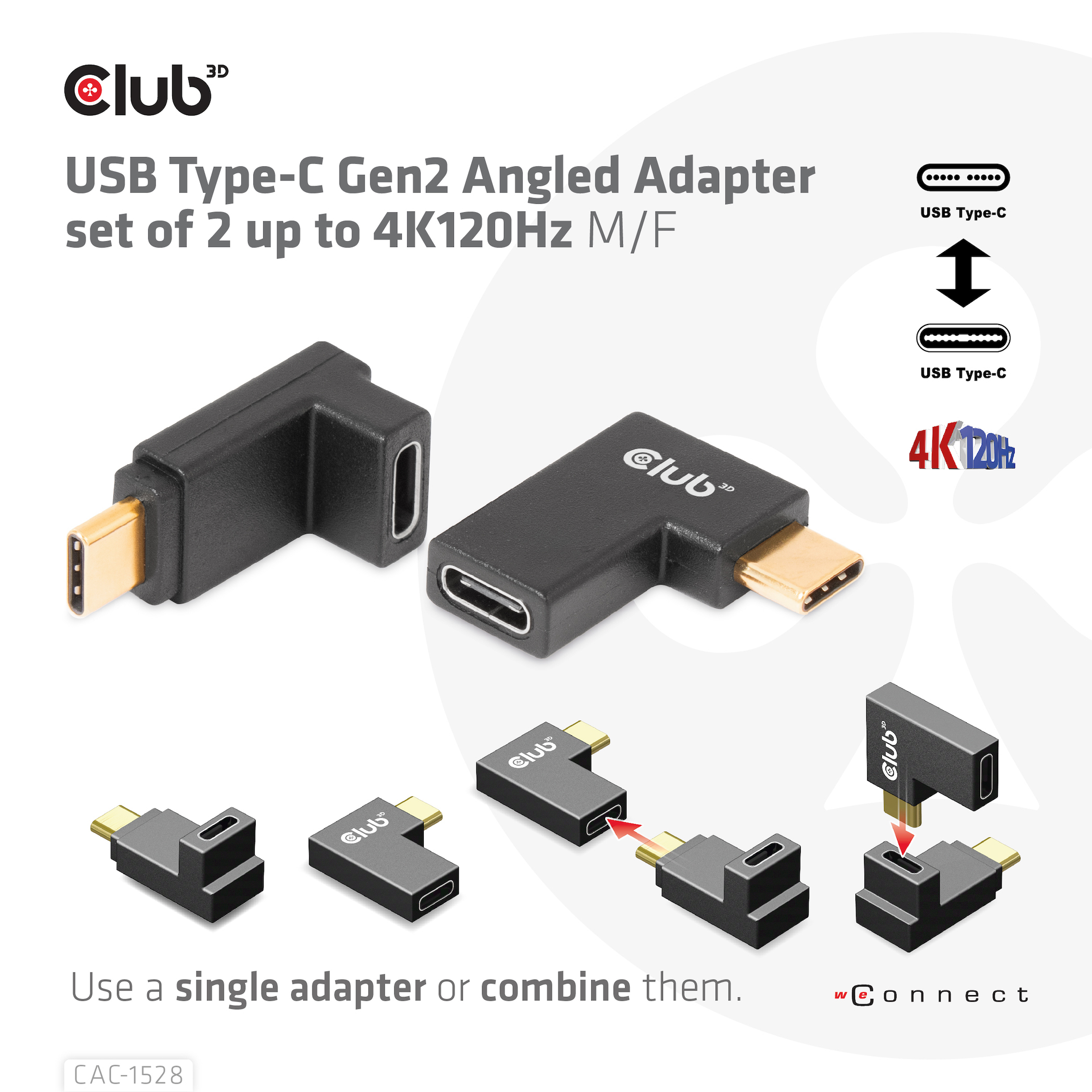 CLUB3D USB Type-C Gen2 Angled Adapter set van 2 - 4K120Hz M/V - Afbeelding 4