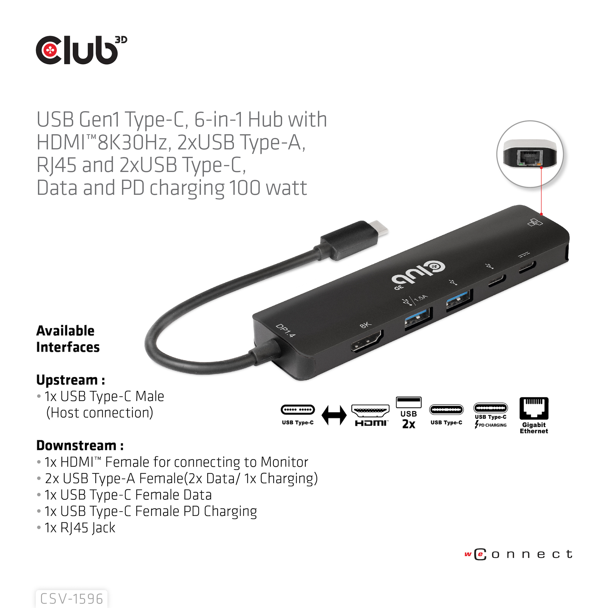 CLUB3D USB Gen1 Type-C, 6-in-1 Hub with HDMI 8K30Hz, 2xUSB Type-A, RJ45 and 2xUSB Type-C, Data and PD charging 100 watt - Afbeelding 9