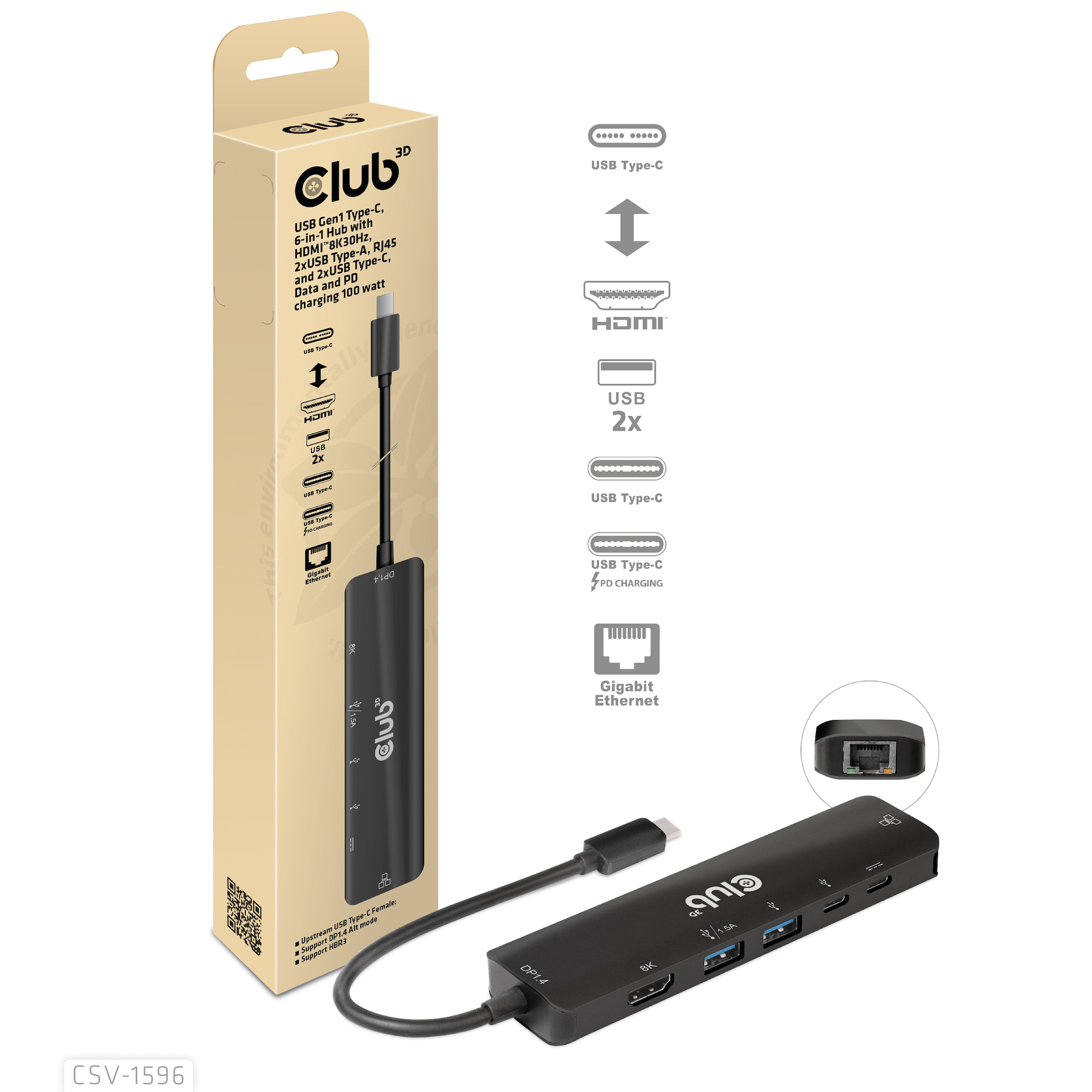 CLUB3D USB Gen1 Type-C, 6-in-1 Hub with HDMI 8K30Hz, 2xUSB Type-A, RJ45 and 2xUSB Type-C, Data and PD charging 100 watt - Afbeelding 7