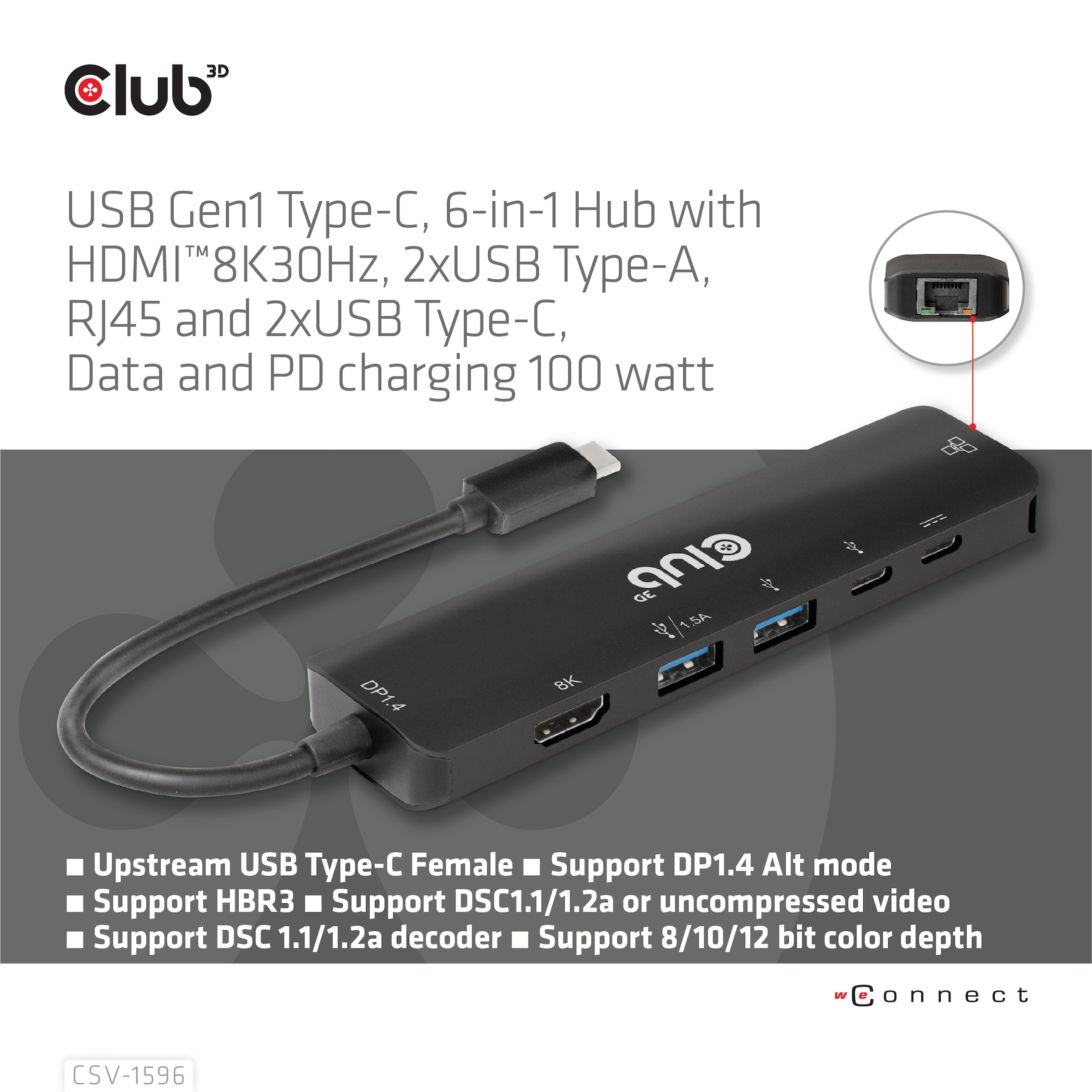 CLUB3D USB Gen1 Type-C, 6-in-1 Hub with HDMI 8K30Hz, 2xUSB Type-A, RJ45 and 2xUSB Type-C, Data and PD charging 100 watt - Afbeelding 8
