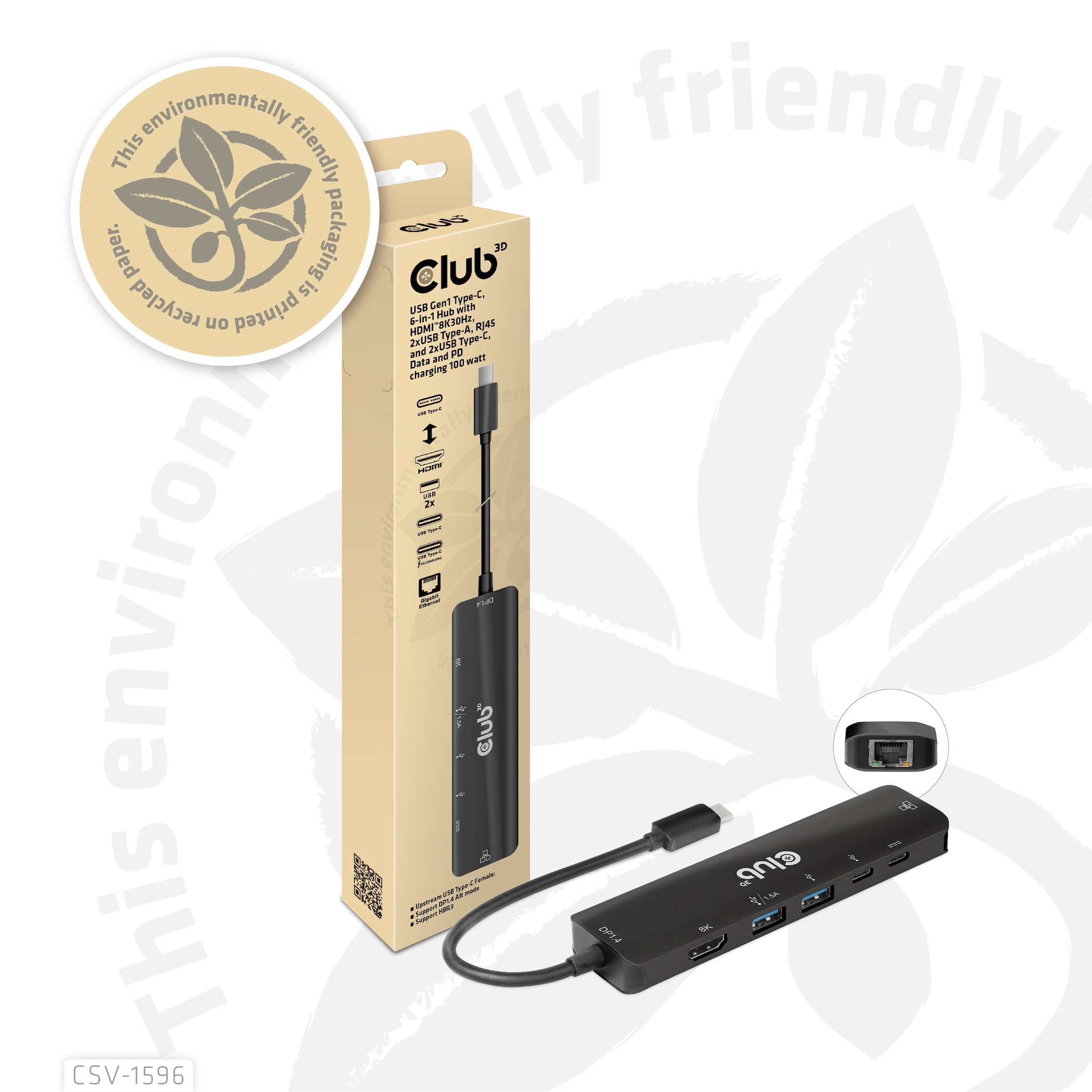 CLUB3D USB Gen1 Type-C, 6-in-1 Hub with HDMI 8K30Hz, 2xUSB Type-A, RJ45 and 2xUSB Type-C, Data and PD charging 100 watt - Afbeelding 16