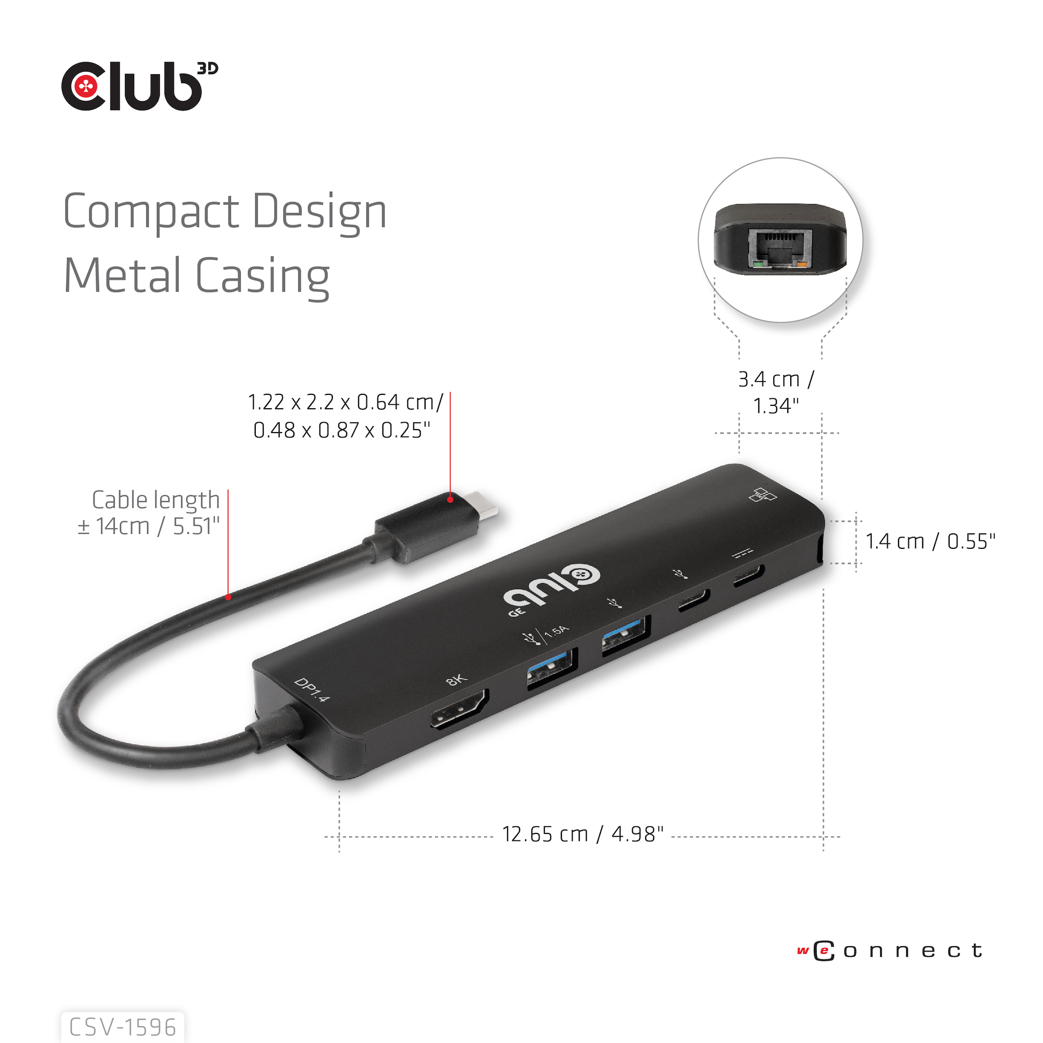 CLUB3D USB Gen1 Type-C, 6-in-1 Hub with HDMI 8K30Hz, 2xUSB Type-A, RJ45 and 2xUSB Type-C, Data and PD charging 100 watt - Afbeelding 11