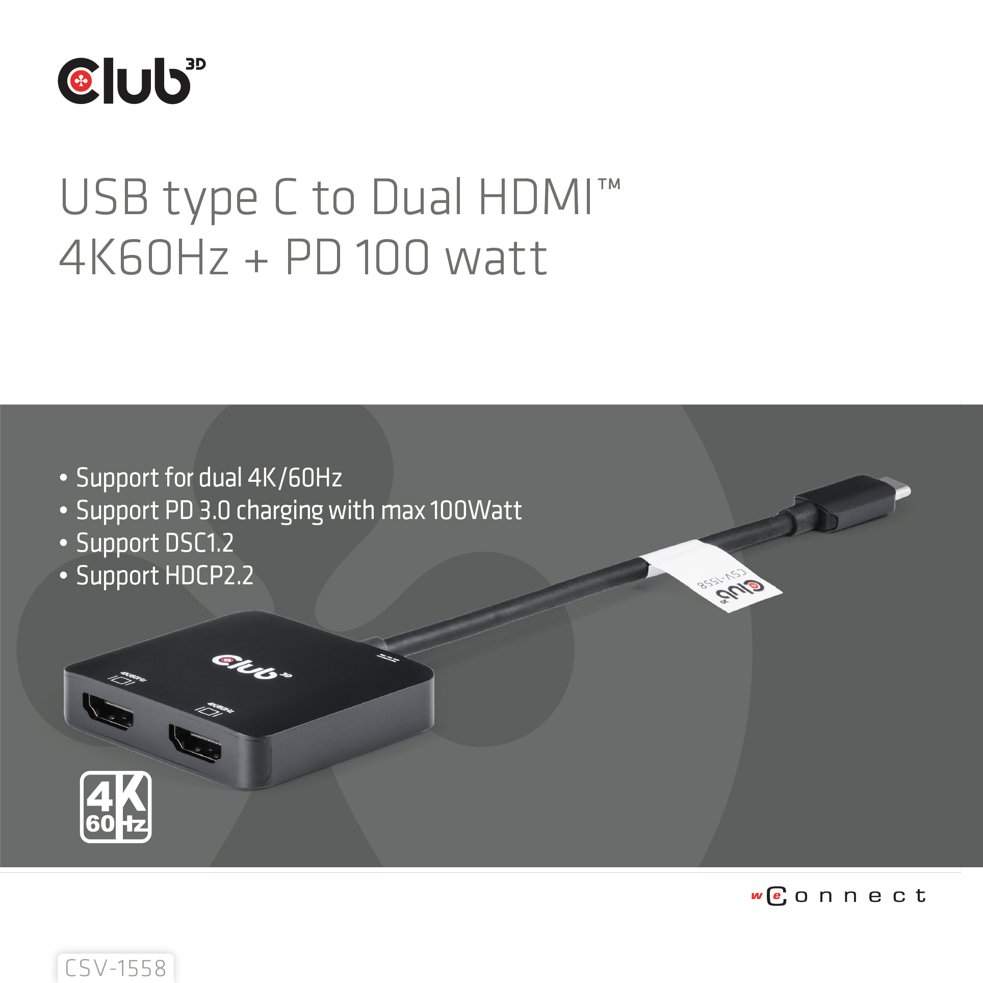 CLUB3D USB-C® Hub to Dual HDMI™ 4K60Hz M/F+PD3.0 100 Watt - Afbeelding 3