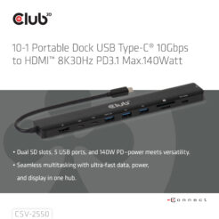 CLUB3D 10-1 Portable Dock USB Type-C® 10Gbps to HDMI™ 8K30Hz PD3.1 Max.140Watt - Afbeelding 15