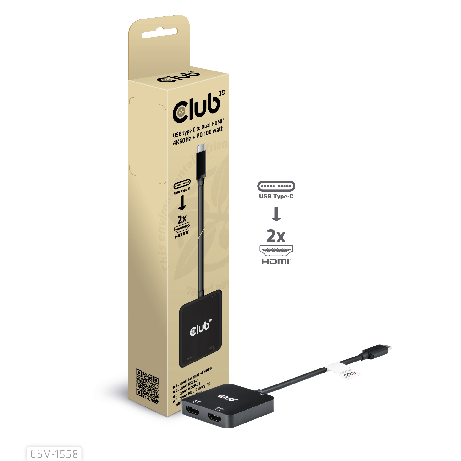 CLUB3D USB-C® Hub to Dual HDMI™ 4K60Hz M/F+PD3.0 100 Watt - Afbeelding 2